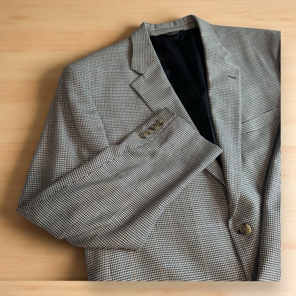 Jos A Bank‎ Mens 46 L Sport Coat Silk Wool Houndstooth Check Blazer Jacket